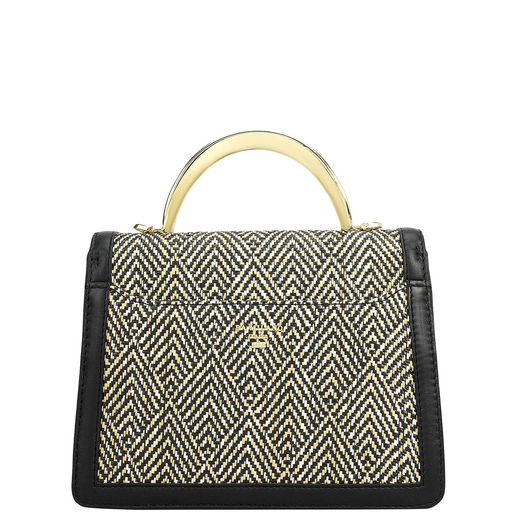 Small Canvas Plain Leather Satchel - Beige & Black