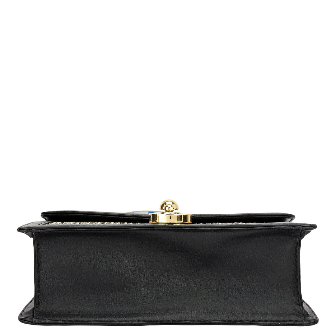 Small Canvas Plain Leather Satchel - Beige & Black