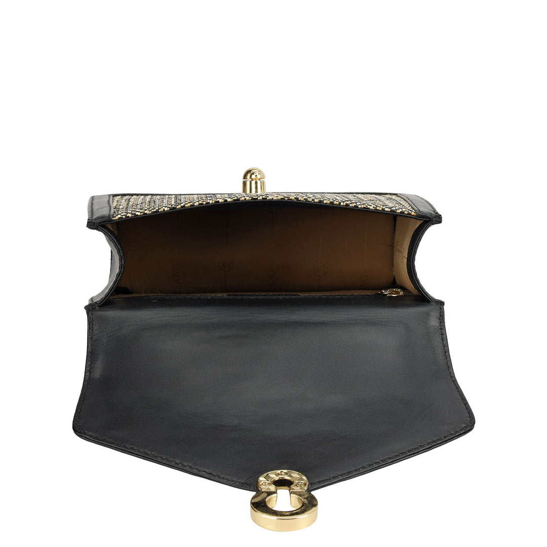 Small Canvas Plain Leather Satchel - Beige & Black