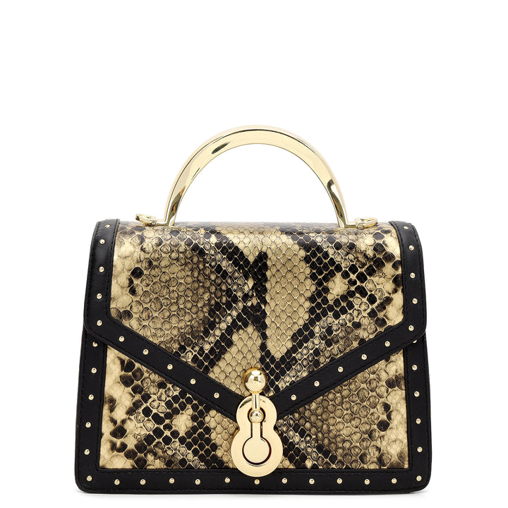 Snake Leather Top Handle Bag - Gold & Black