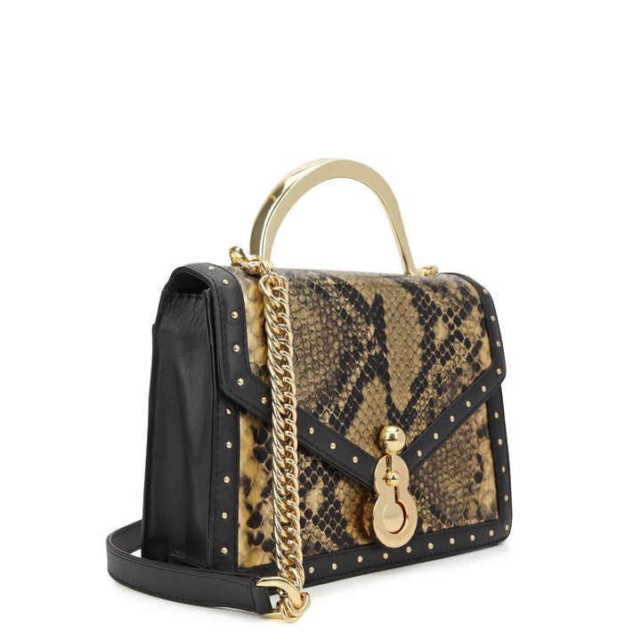 Snake Leather Top Handle Bag - Gold & Black