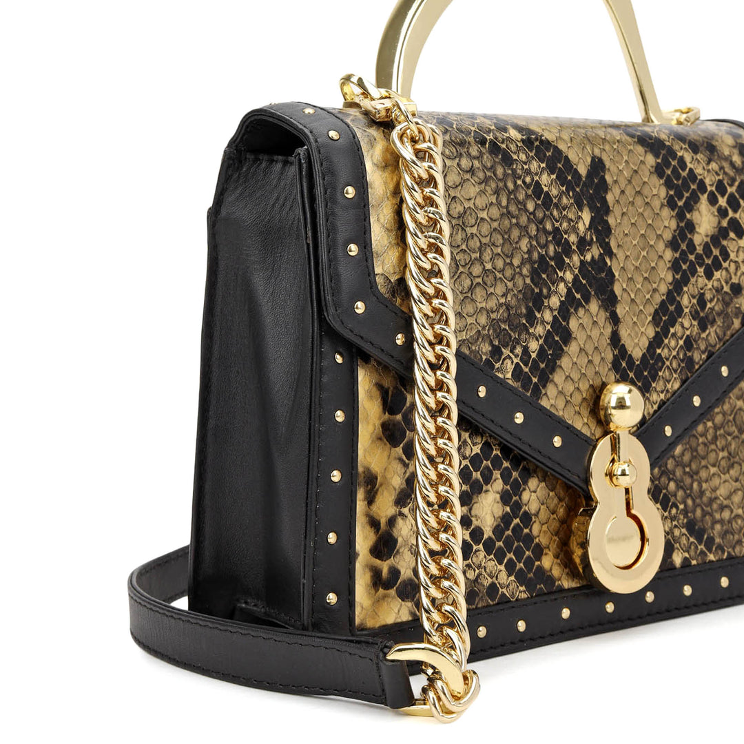 Snake Leather Top Handle Bag - Gold & Black