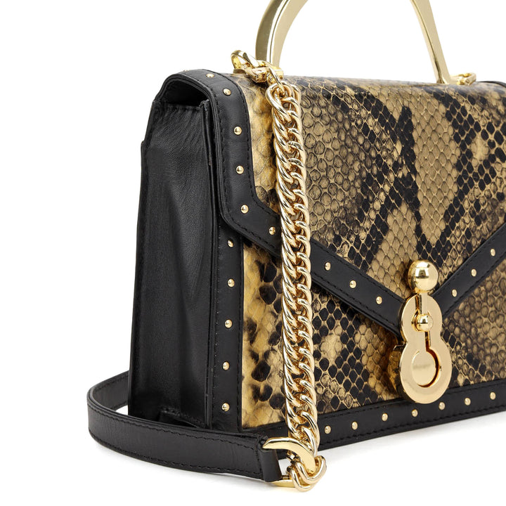 Snake Leather Top Handle Bag - Gold & Black