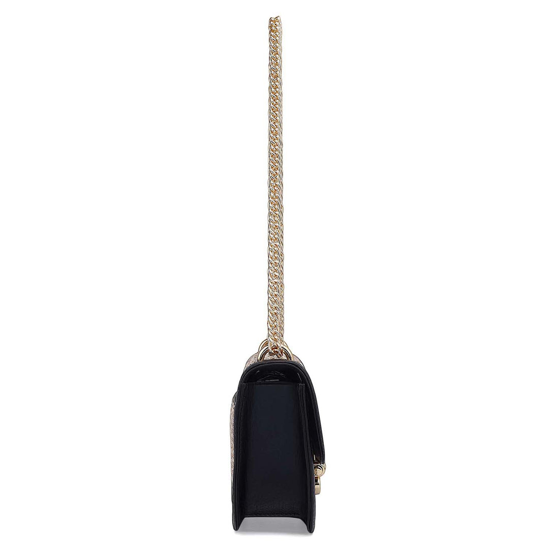Small Canvas Plain Leather Shoulder Bag - Beige & Black