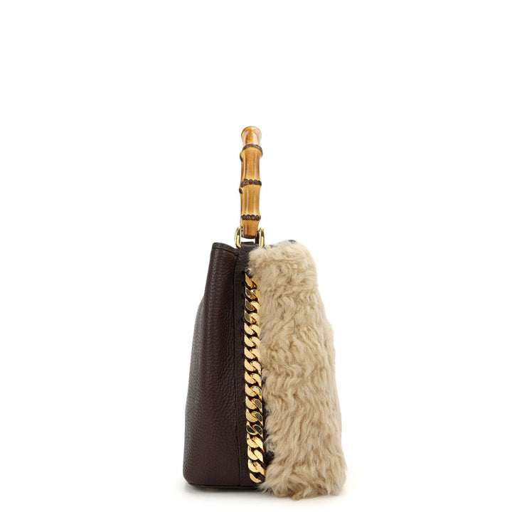 Fur Top Handle Bag - Beige