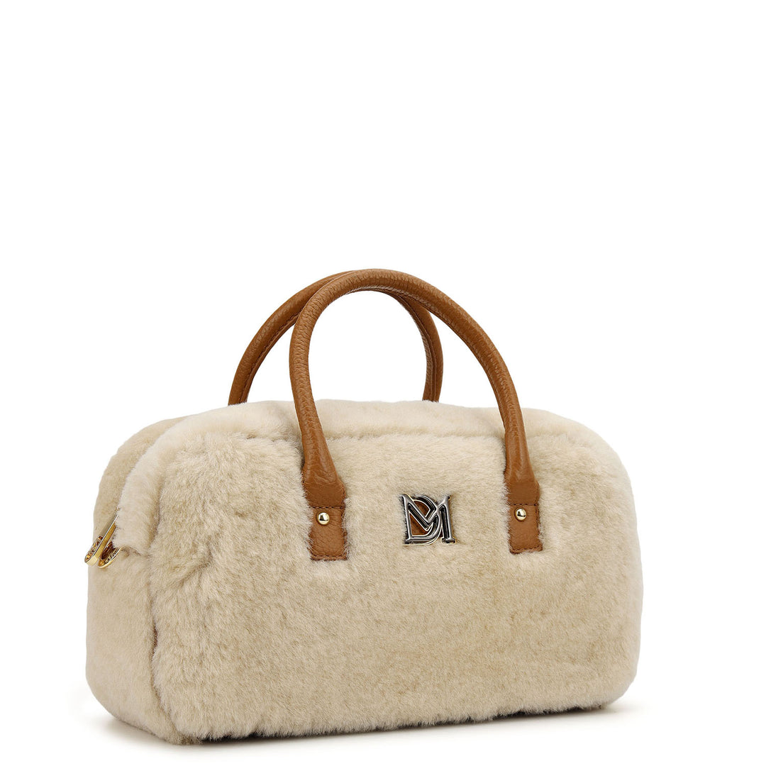Fur Bowler Bag - Beige & Cognac