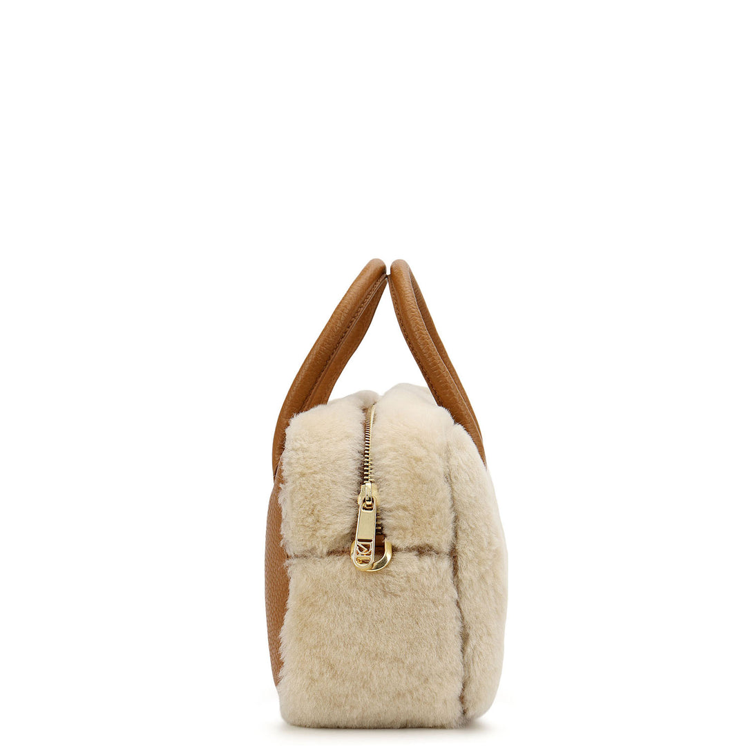 Fur Bowler Bag - Beige & Cognac