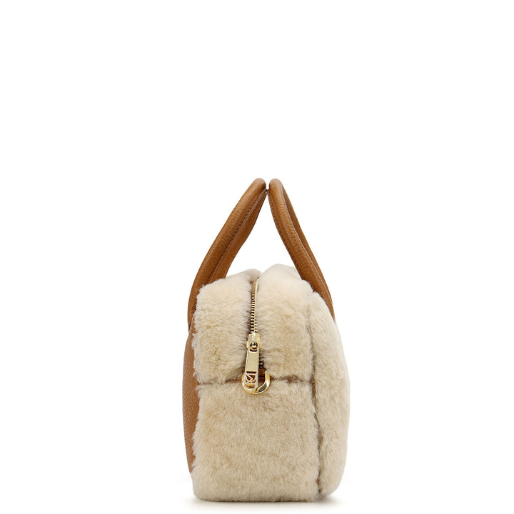 Fur Bowler Bag - Beige & Cognac