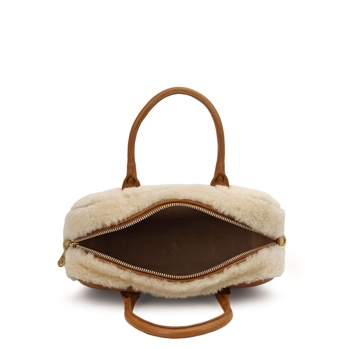 Fur Bowler Bag - Beige & Cognac