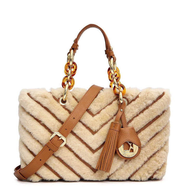 Medium Fur Wax Leather Satchel - Beige