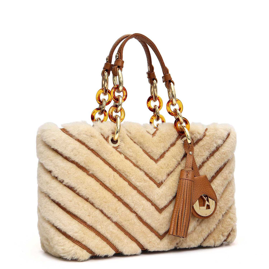 Medium Fur Wax Leather Satchel - Beige