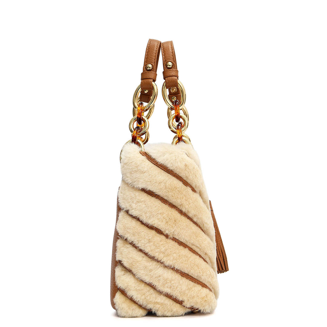 Medium Fur Wax Leather Satchel - Beige