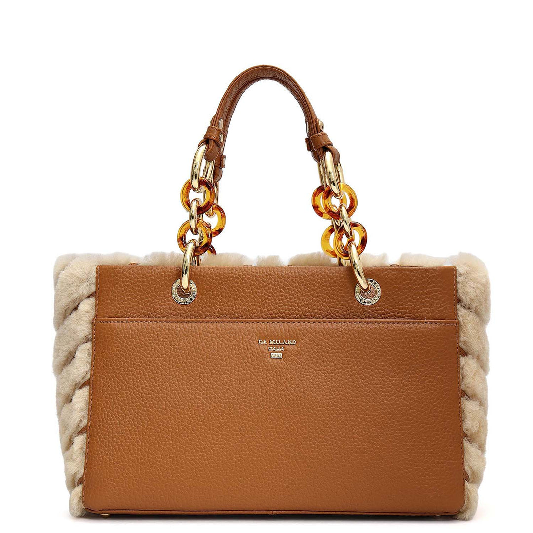 Medium Fur Wax Leather Satchel - Beige