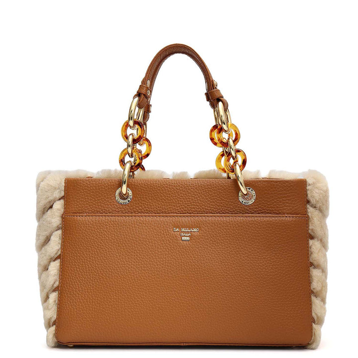 Medium Fur Wax Leather Satchel - Beige
