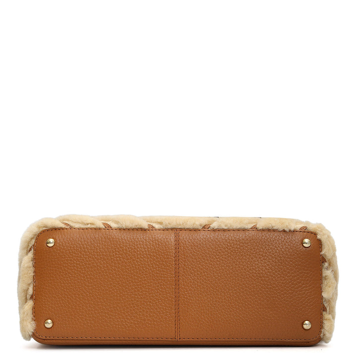 Medium Fur Wax Leather Satchel - Beige