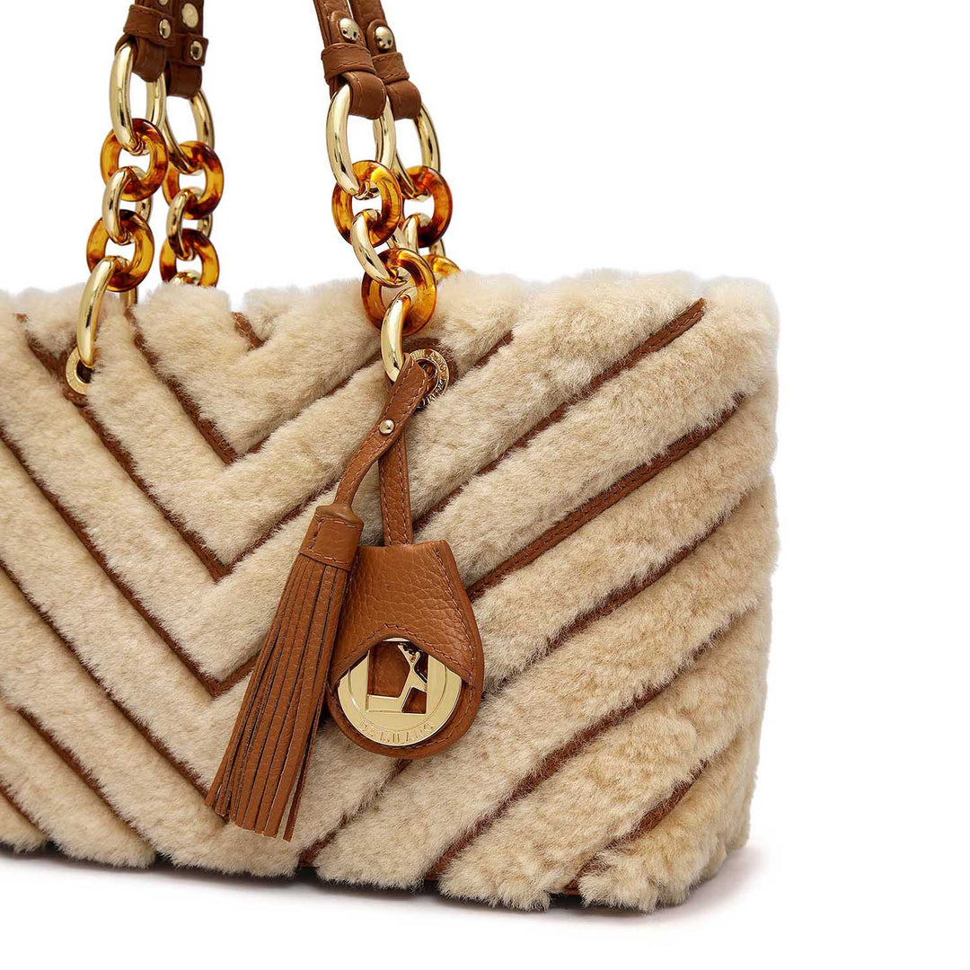 Medium Fur Wax Leather Satchel - Beige