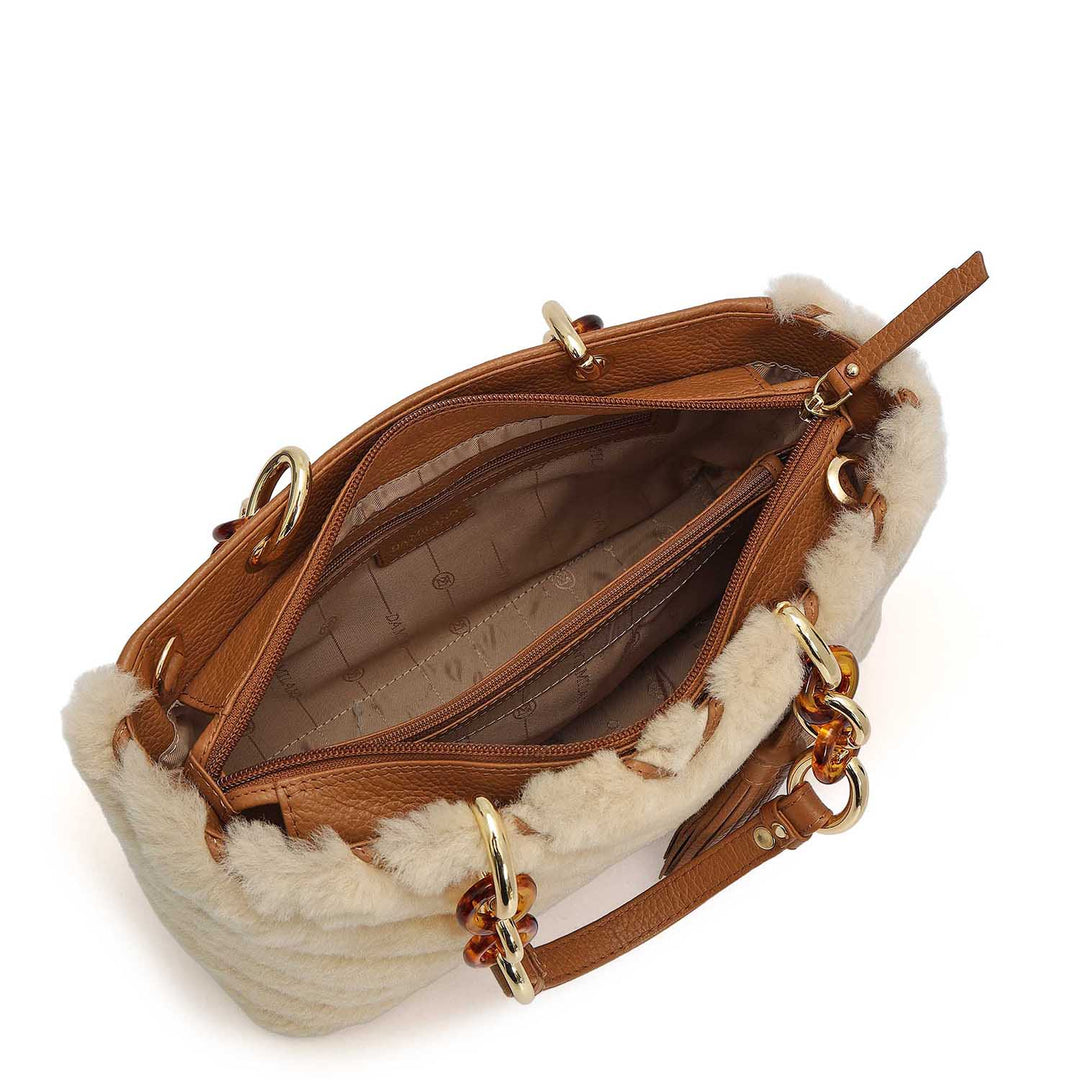 Medium Fur Wax Leather Satchel - Beige