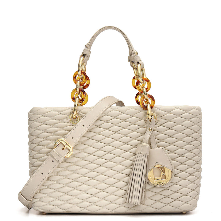 Medium Quilting Plain Leather Satchel - Beige