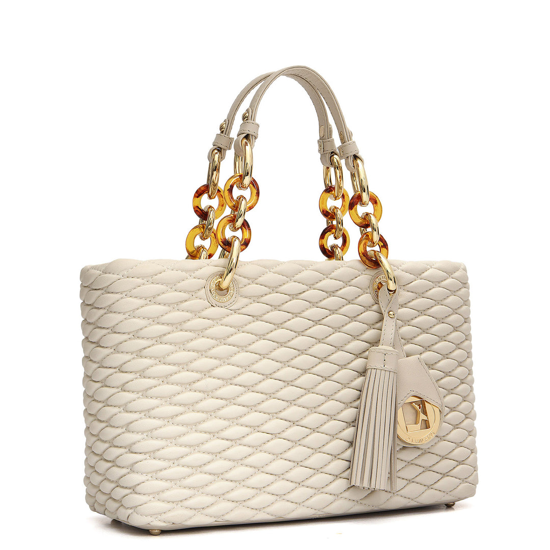 Medium Quilting Plain Leather Satchel - Beige
