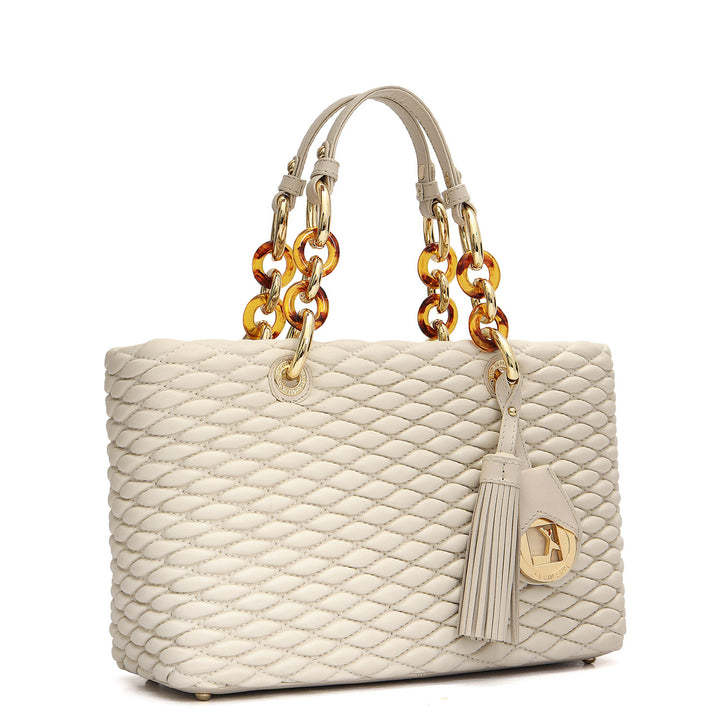 Medium Quilting Plain Leather Satchel - Beige