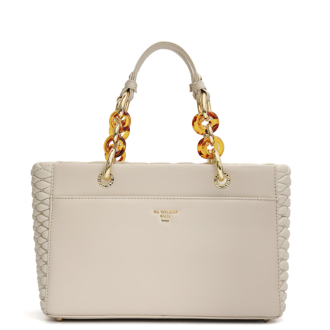 Medium Quilting Plain Leather Satchel - Beige