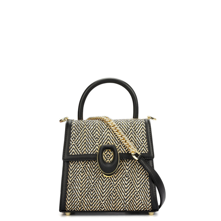 Small Canvas Plain Leather Satchel - Beige & Black