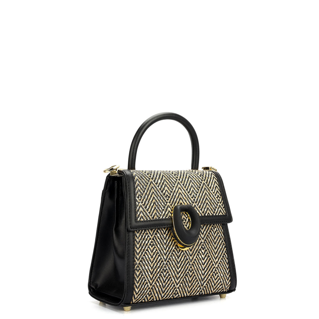 Small Canvas Plain Leather Satchel - Beige & Black