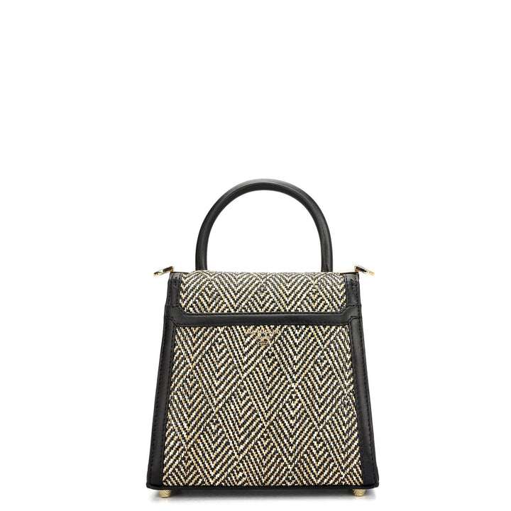 Small Canvas Plain Leather Satchel - Beige & Black