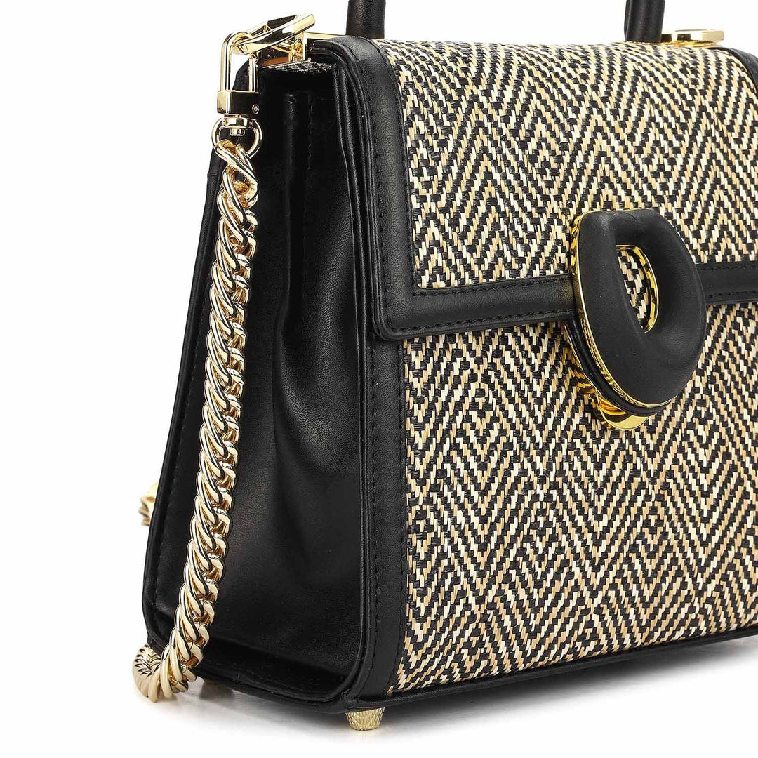 Small Canvas Plain Leather Satchel - Beige & Black