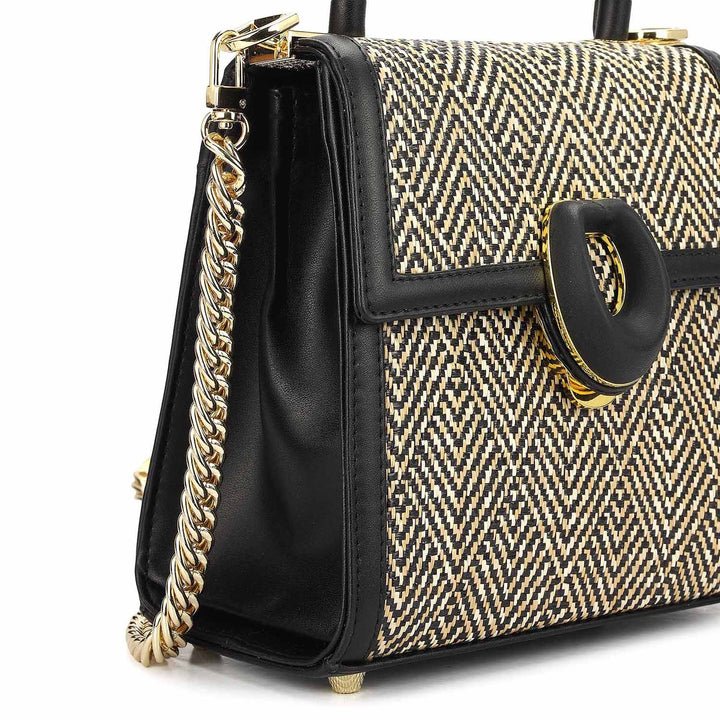 Small Canvas Plain Leather Satchel - Beige & Black