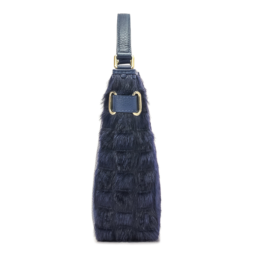 Small Fur Wax Leather Satchel - Ink Blue