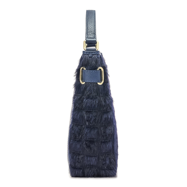 Small Fur Wax Leather Satchel - Ink Blue