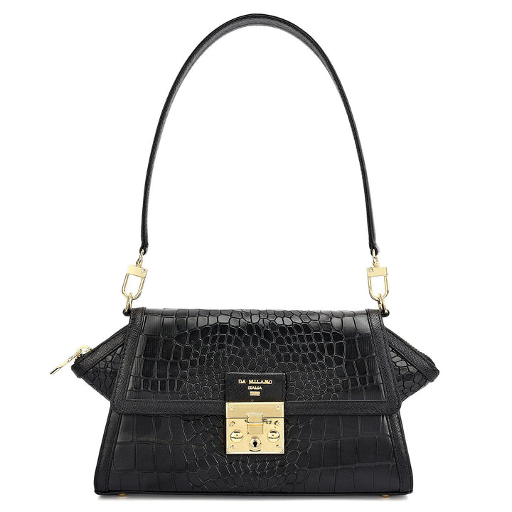 Small Croco Leather Shoulder Bag - Black