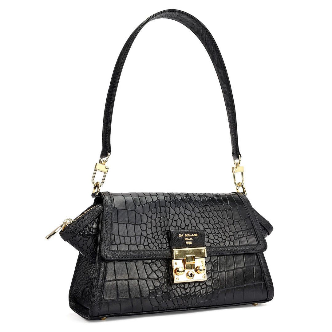 Small Croco Leather Shoulder Bag - Black