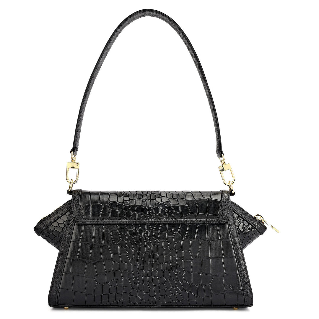 Small Croco Leather Shoulder Bag - Black