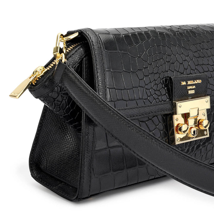 Small Croco Leather Shoulder Bag - Black