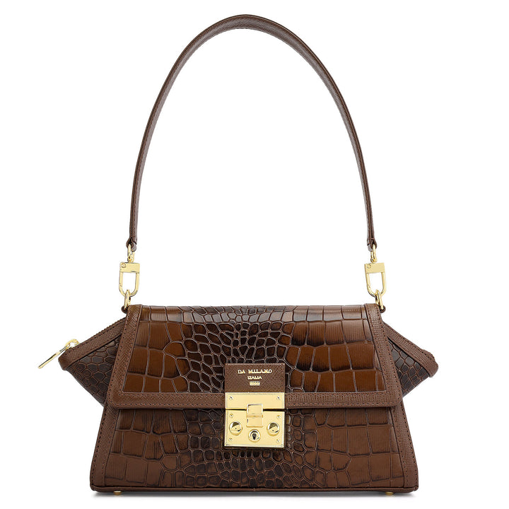 Small Croco Leather Shoulder Bag - Walnut