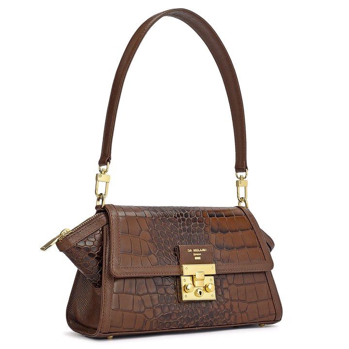 Small Croco Leather Shoulder Bag - Walnut