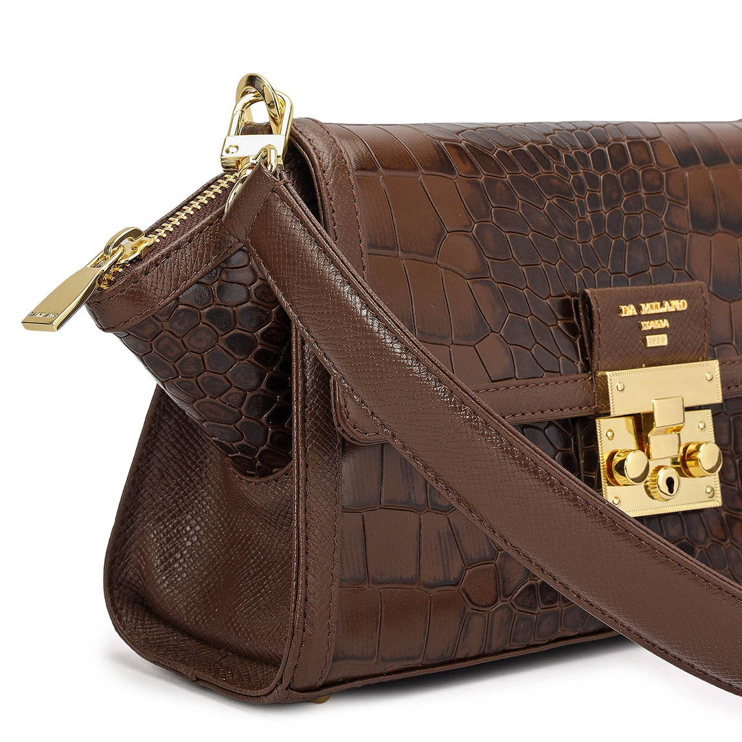 Small Croco Leather Shoulder Bag - Walnut