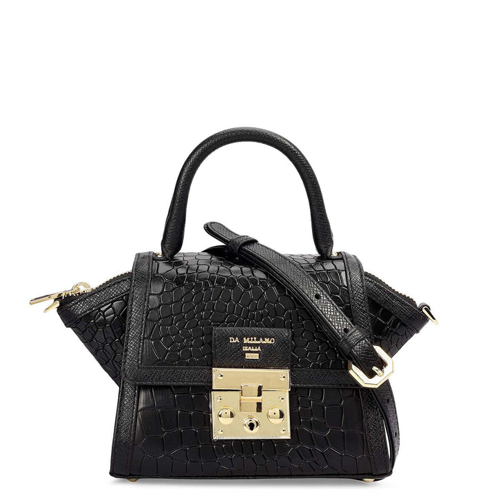 Small Croco Leather Satchel - Black