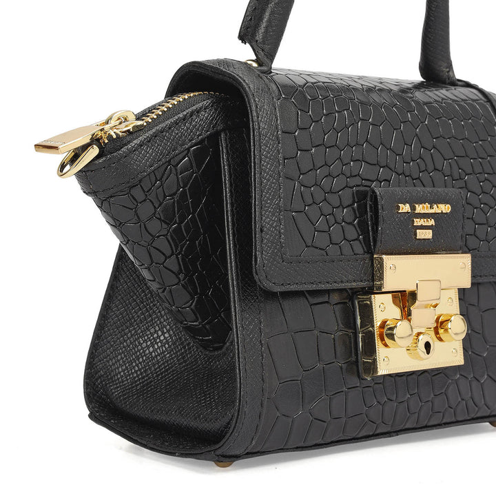 Small Croco Leather Satchel - Black
