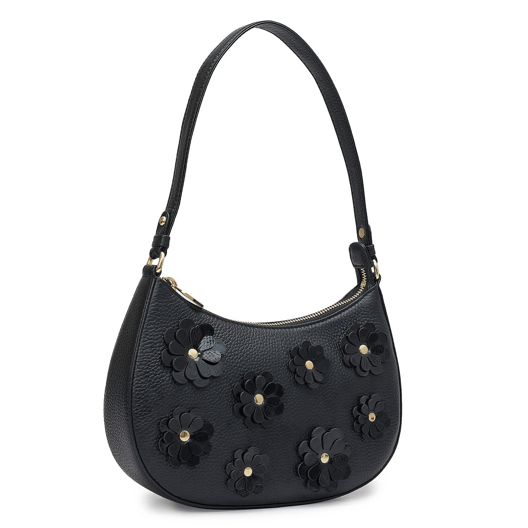 Small Floral Wax Leather Baguette - Black