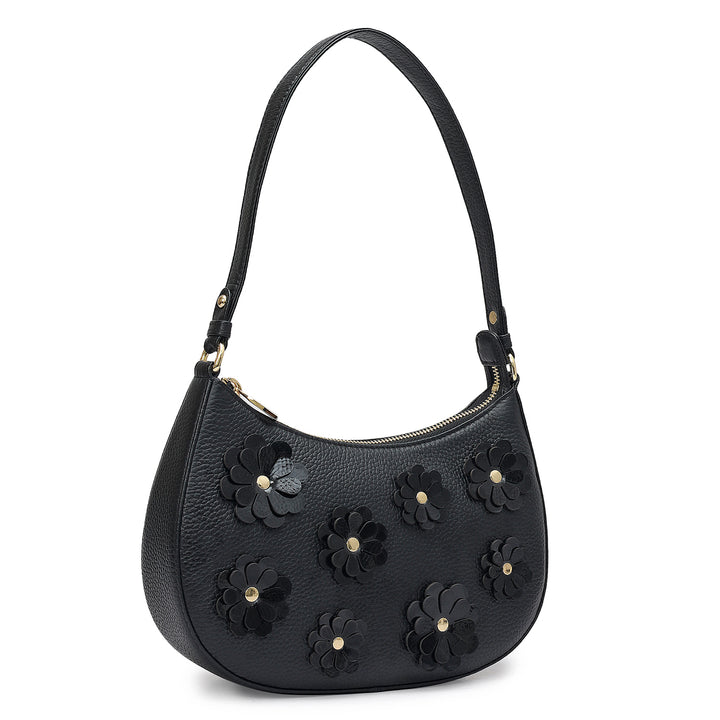Small Floral Wax Leather Baguette - Black