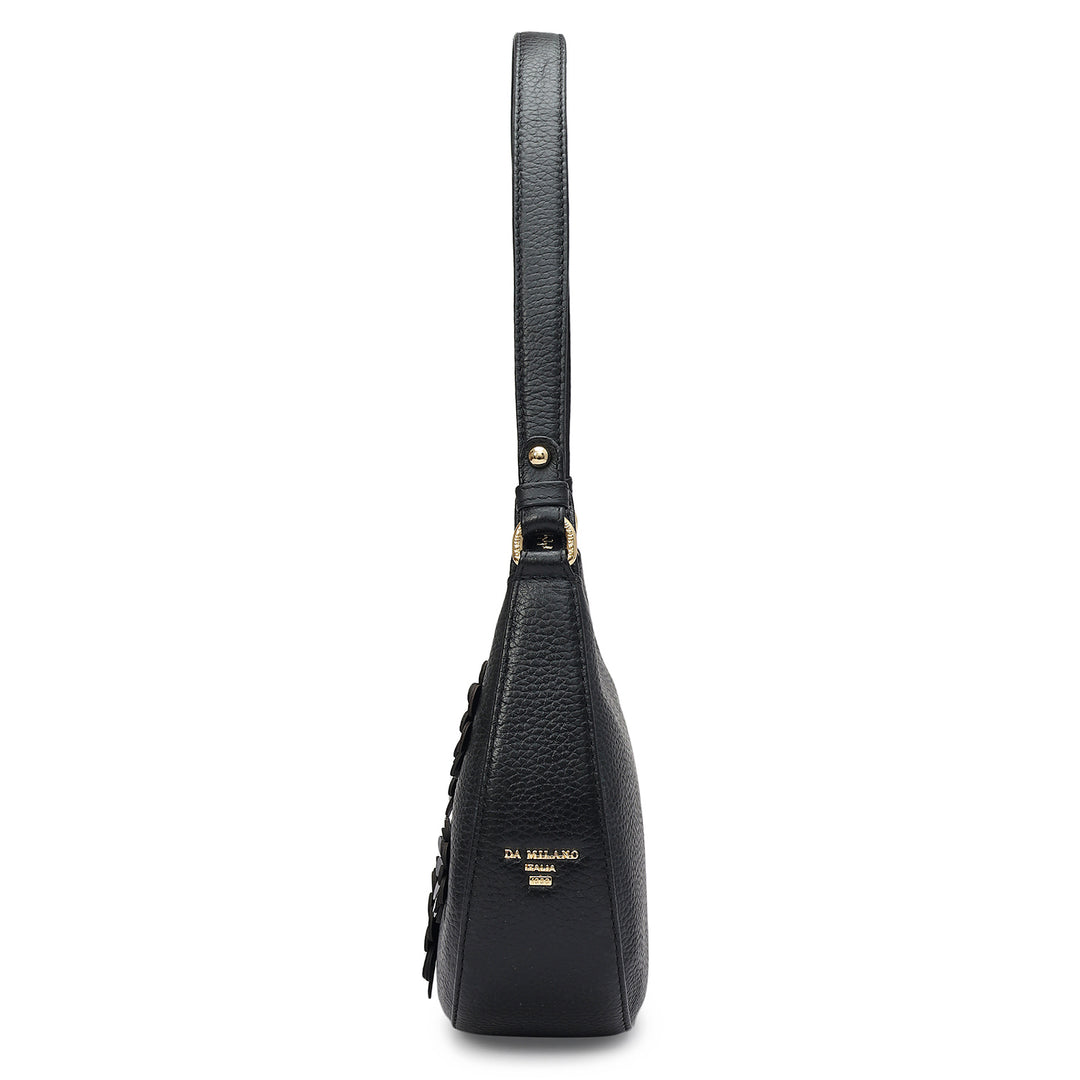 Small Floral Wax Leather Baguette - Black
