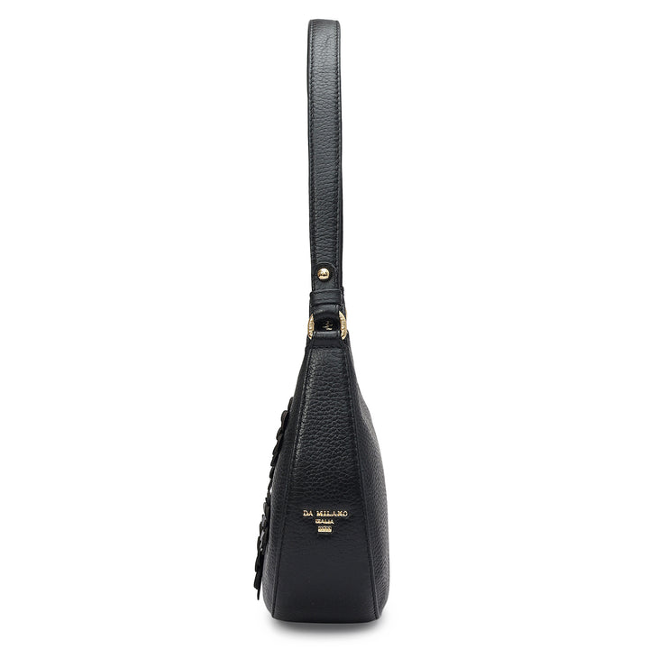 Small Floral Wax Leather Baguette - Black