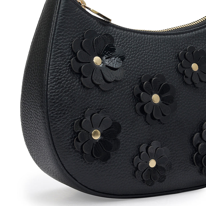 Small Floral Wax Leather Baguette - Black