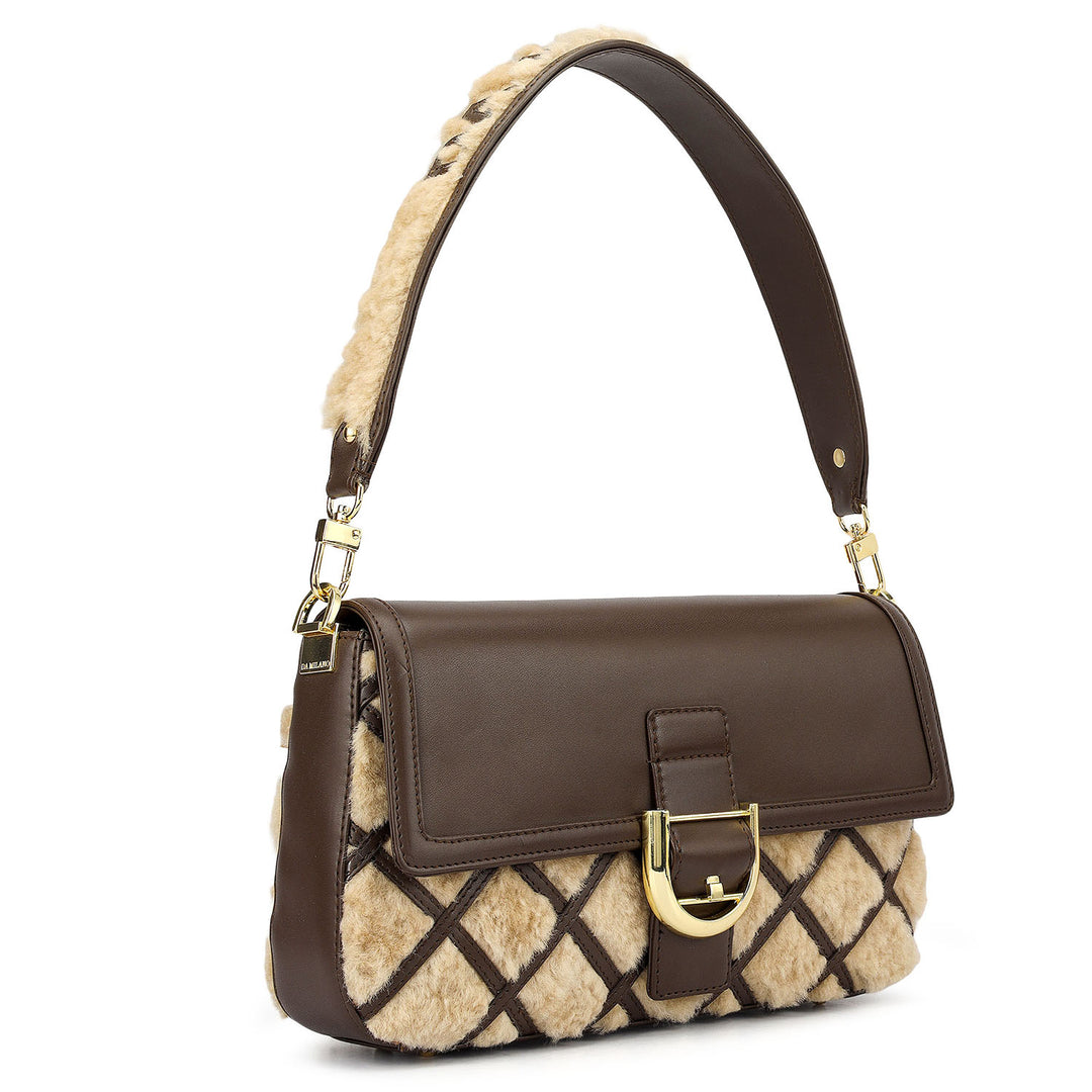 Small Fur Plain Leather Baguette - Beige & Brown