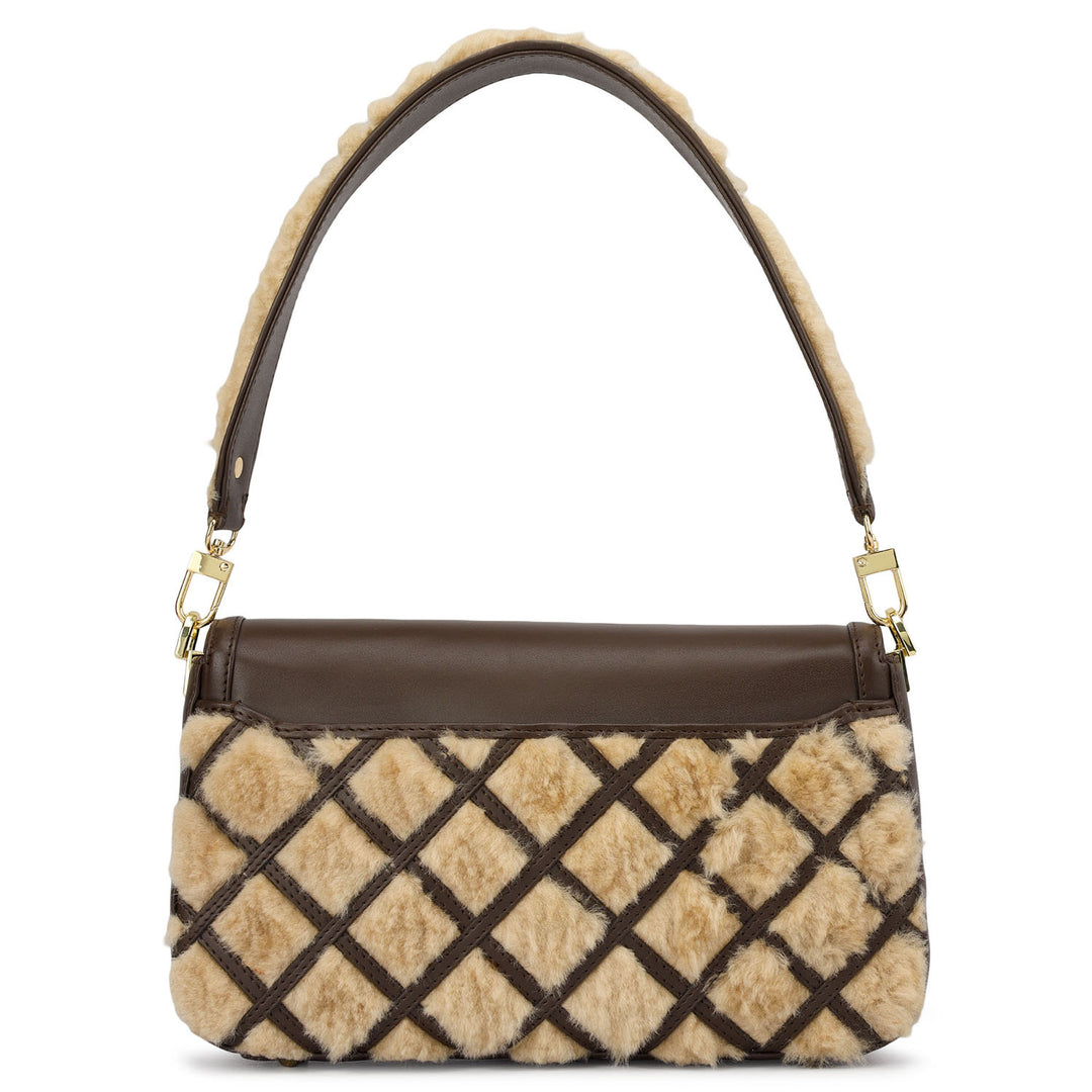 Small Fur Plain Leather Baguette - Beige & Brown