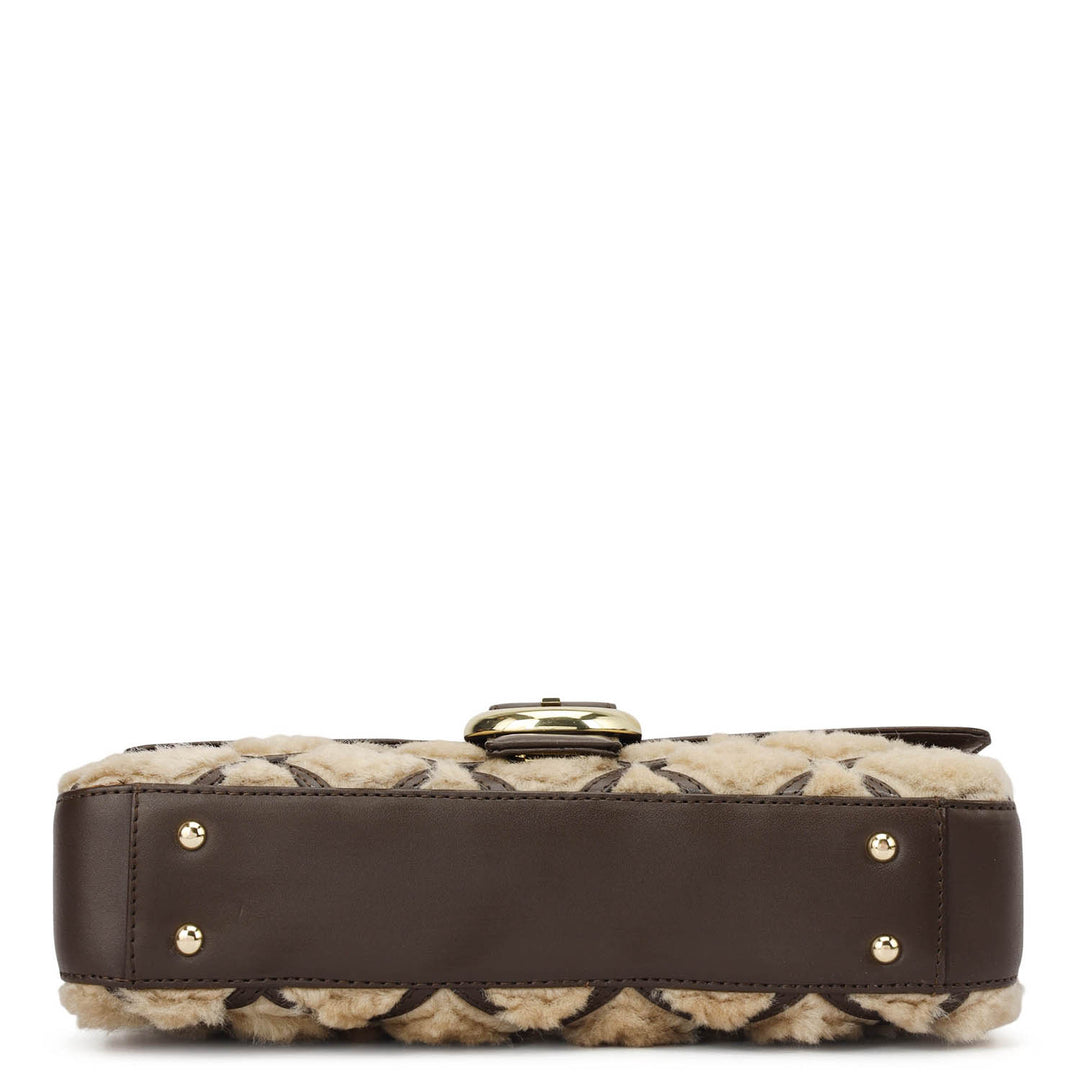 Small Fur Plain Leather Baguette - Beige & Brown