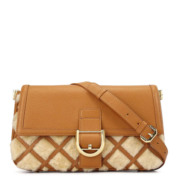 Small Fur Wax Leather Baguette - Beige & Caramel